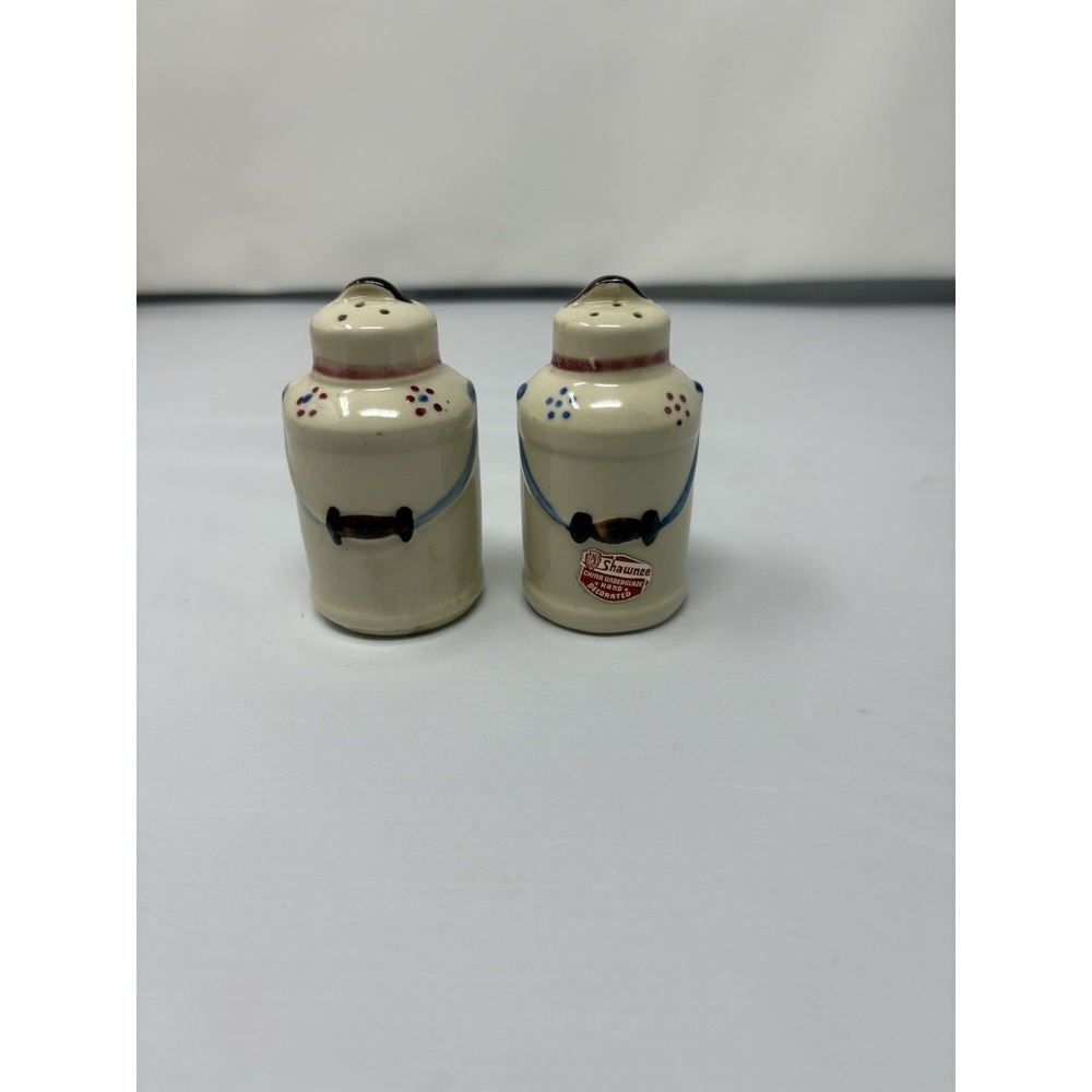 Vintage Shawnee Milk Cans Cottage Salt & Pepper Shakers White W/ Dot Flowers MCM